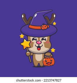 Witch deer in halloween day. Cute halloween cartoon illustration.