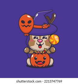 Witch deer holding halloween balloon and candy. Cute halloween cartoon illustration. 