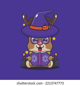Witch deer reading spell book. Cute halloween cartoon illustration.