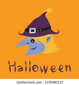 Witch design and word Halloween on an orange background.