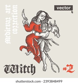 Witch with devil in form of donkey flying on pitchfork or broom. Vector engraving style illustration. Medieval art with gothic lettering. Perfect for witchcraft label, pagan music, witch-craze poster.