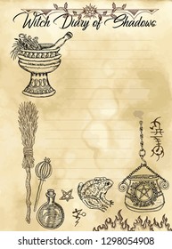 Witch diary 2 of 31 with magic pot, broomstick and herbs. Magic wiccan old book with occult illustration, mystic vector background