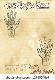 Witch diary page 12 of 31 with palm hand reading and chiromancy concept. Magic wiccan old book with occult illustration, mystic vector background