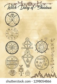 Witch diary page 13 of 31 with devil seals, weird symbols and pentagrams. Magic wiccan old book with occult illustration, mystic vector background