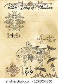 Witch diary page 17 of 31 with esoteric dolphins, sacred geometry symbols. Magic wiccan old book with occult illustration, mystic vector background