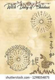 Witch diary page 19 of 31 with solar magic round signs, mystic symbols and snake. Magic wiccan old book with occult illustration, mystic vector background