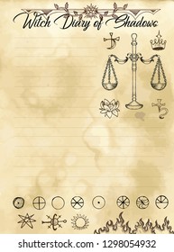 Witch diary page 26 of 31 with scales, harmony and meditation symbols, moon phases. Magic wiccan old book with occult illustration, mystic vector background