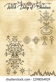 Witch diary page 28 of 31 with mystic fantasy crosses and evil occult symbols. Magic wiccan old book with occult illustration, mystic vector background