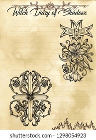 Witch diary page 29 of 31 with fantasy crosses with flowers, floral baroque patterns. Magic wiccan old book with occult illustration, mystic vector background