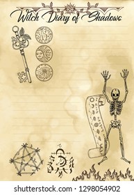 Witch diary page 3 of 31 with skeleton, pentagram, keys and symbols. Magic wiccan old book with occult illustration, mystic vector background