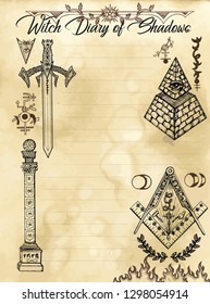 Hexe-Tagebuch-Seite 31 von 31 mit Freimaurerei und geheime Gesellschaft Symbole und Zeichen. Magisches, handliches Buch mit okkulter Illustration, mystischer Vektorhintergrund