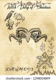 Witch diary page 5 of 31 with devil, pentagram, crow and evil symbols. Magic wiccan old book with occult illustration, mystic vector background