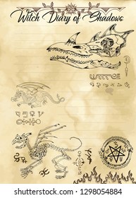 Witch diary page 7 of 31 with dragon, monster skull, skeletons and evil symbols. Magic wiccan old book with occult illustration, mystic vector background