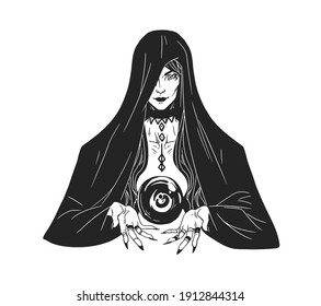 Hexe tauchen und vorhersagen Zukunft mit Kristallkugel. Frauen, die Hexerei, Zauberkunst und Göttin praktizieren. Schwarz-Weiß, handgezeichnet, Vektorgrafik einzeln auf weißem Hintergrund.