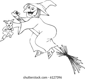 Witch with a Dog Flying on a Broom