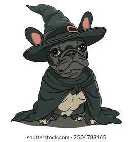 Witch Dog in Halloween Costume, Cute French Bulldog in Wizard Hat and Cloak for Halloween Celebration Flat Vector Illustration