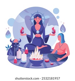 A witch doing black magic, flat style illustration