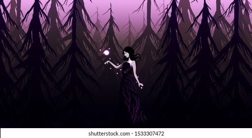witch doing magic and witchcraft in the dark forest, magic light balls flying around vector illustration for Halloween