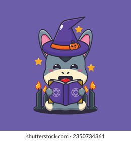 Witch donkey reading spell book. Cute halloween cartoon illustration. 