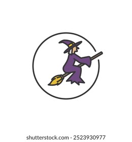 Witch Doodle Icon for Halloween. Wizard Flying with Broomstick for Halloween Decoration.