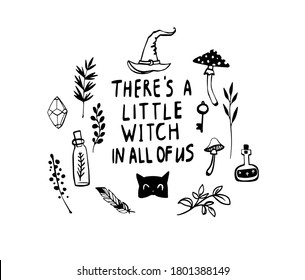 Witch doodle illustration in sketch style. Hand drawn vector sketch. Symbol logo collection. Halloween poster. Children pattern. Esoteric symbols.