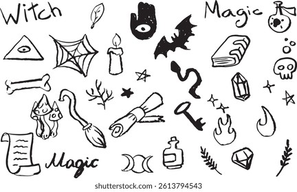 Witch doodle set with magic and Halloween elements - potions, crystals, scrolls, and symbols. Hand-drawn sketch style ideal for spooky or mystical designs.