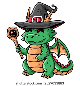 Witch Dragon cartoon Hand Drawing technique Hatching Detail, Vector EPS editable color layer.