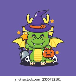Witch dragon in halloween day. Cute halloween cartoon illustration. 