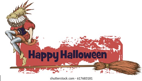 Witch with dragon head. Hallowen card. Vector illustration. Engraved style