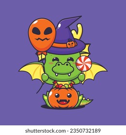 Witch dragon holding halloween balloon and candy.