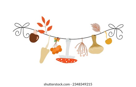 Witch dried herbs for making magic, cooking potion hanging on rope simple doodle cartoon vector illustration, hand drawn image Halloween decor, perfect for party stationery, poster, invitation