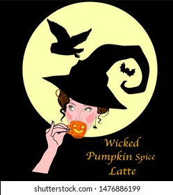Witch drinking pumpkin spice latte, halloween costume, woman in black hat and full moon, owl, bat and spider silhouette