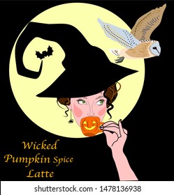 Witch drinking pumpkin spice latte, halloween costume, woman in black hat and full moon, owl, bat and spider