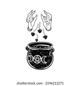 Witch dropping mushrooms to  her magic cauldron. Vector isolated illustration in Victorian style. Mediumship divination equipment. flash tattoo drawing. Alchemy, religion, spirituality, occultism.