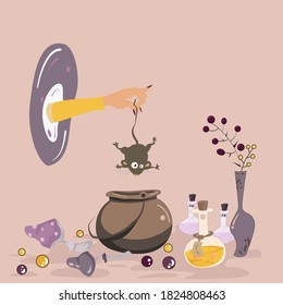 A witch drops a spooky little mouse through a portal right into a cauldron. It stands on a table next to magic stuff such as poisons, potions, berries, mushrooms. Better not to mess with a magician.