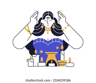 Witch during magic esoteric ritual with candles. Clairvoyant woman invoking spirits. Psychic medium telling future. Magician practicing rite. Flat vector illustration isolated on white background