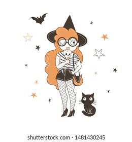 Witch eating ice cream flat vector illustration. Red haired young girl with creepy skull plombir isolated cartoon character on starry white background. Black cat, flying bat design element
