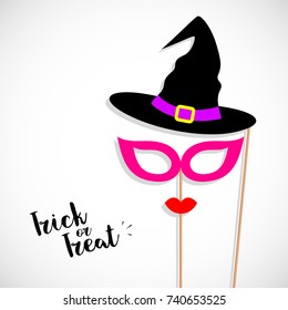 Witch elements design with hat, mask and lip. Trick or treat, Happy Halloween day concept. Vector illustration for banner, invitation, congratulation, poster and greeting card.