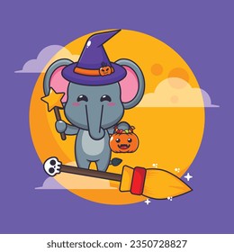 Witch elephant fly with broom in halloween night. 