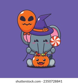 Witch elephant holding halloween balloon and candy. 