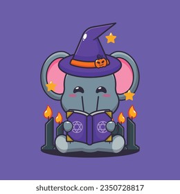 Elefante de bruja leyendo libro de hechizos.