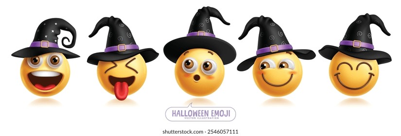 Conjunto de Vectores de personajes de emoji de bruja. Personaje de arte de Clip de bruja emoji en expresión facial feliz, sonriente, tímida, linda y traviesa con colección de sombrero negro. Emoticono del mago de halloween de Ilustración vectorial