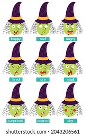 Hexe Emotionen gesetzt. Große Zeichentrickfiguren. Halloween-Charakter, der Emotionen-Sammlung ausdrückt. Erziehungsposter für Kinder. Vektorgrafik