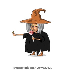 The witch enjoy lollipops and peaceful gestures. vector for halloween celebration.