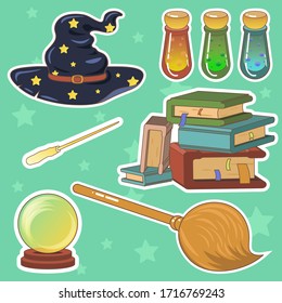 Witch equipment cartoon set. Vector cartoon stickers with mage equipment for printing, web-design. 