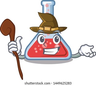 Witch erlenmeyer flask above wooden cartoon table