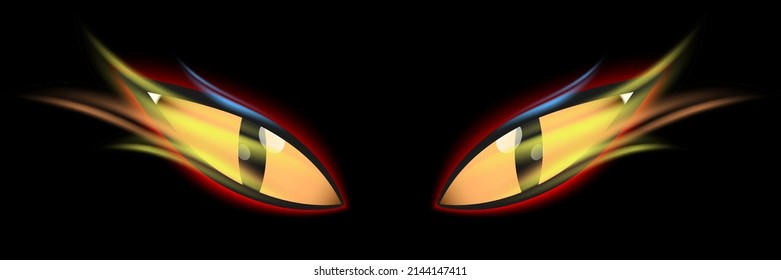 Witch eyes with fire flames, isolated on black background. Wizard eyes vector illustration.