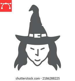 Witch face glyph icon, halloween and scary, witch vector icon, vector graphics, editable stroke solid sign, eps 10.
