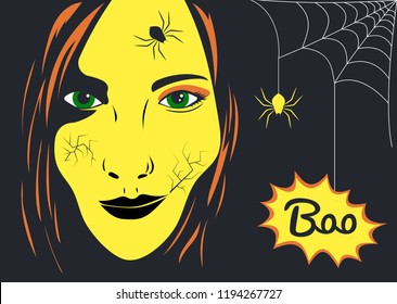 Witch face with  Halloween message Boo! Poster, banner or background for Halloween Party Night, vector illustration.