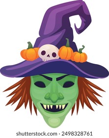 Witch face. Holiday party mask. Cartoon head isolated on white background